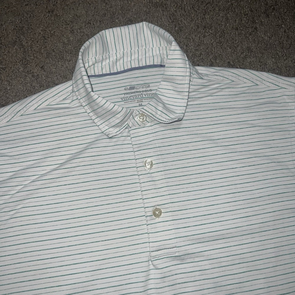 Vineyard Vines OTG Sankaty Polo Shirt Mens M White Blue Striped Performance